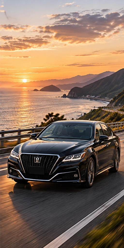 Black Japanese sedan driving along a scenic coastal road at sunset