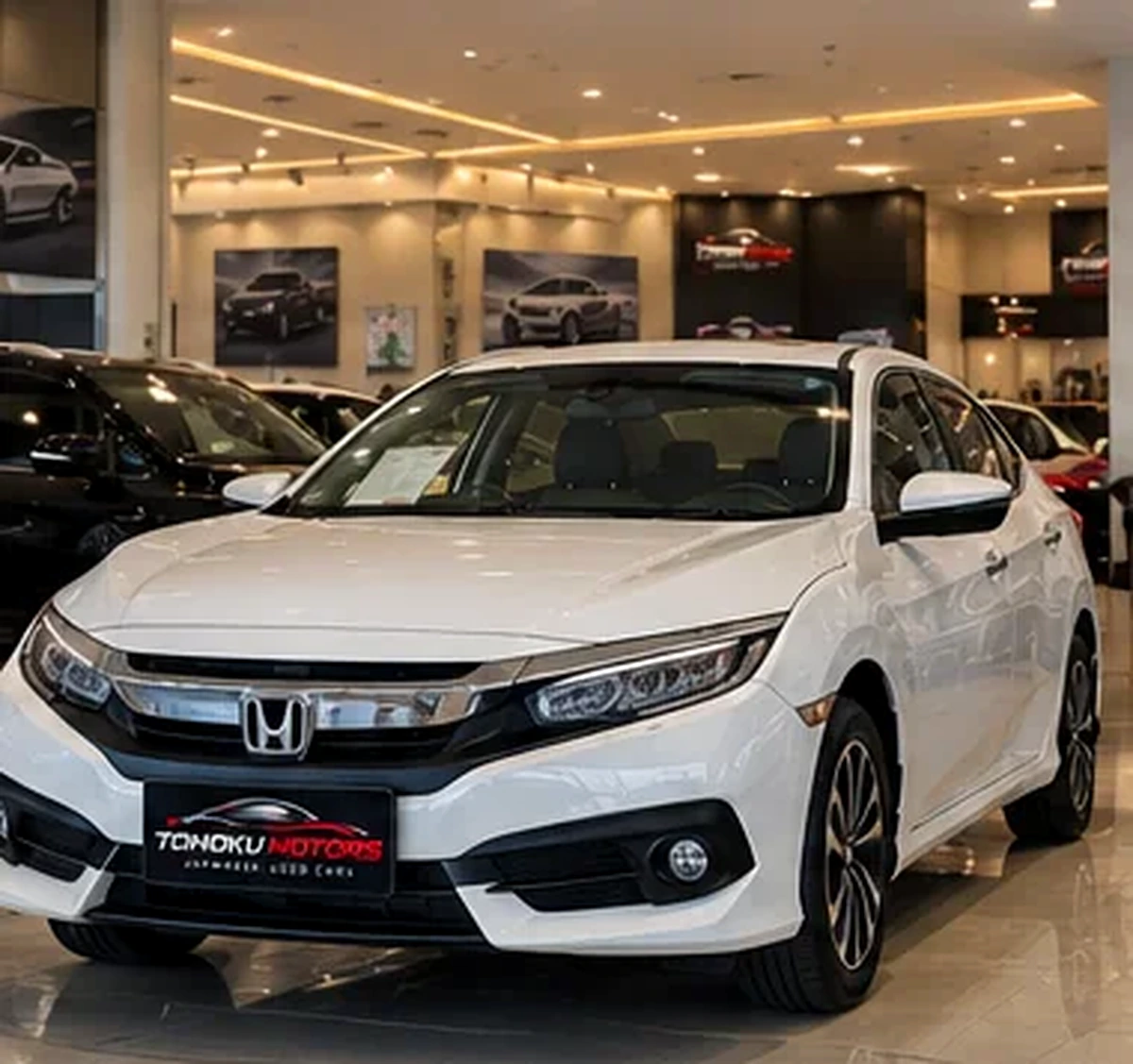 White Japanese sedan under warm showroom lighting