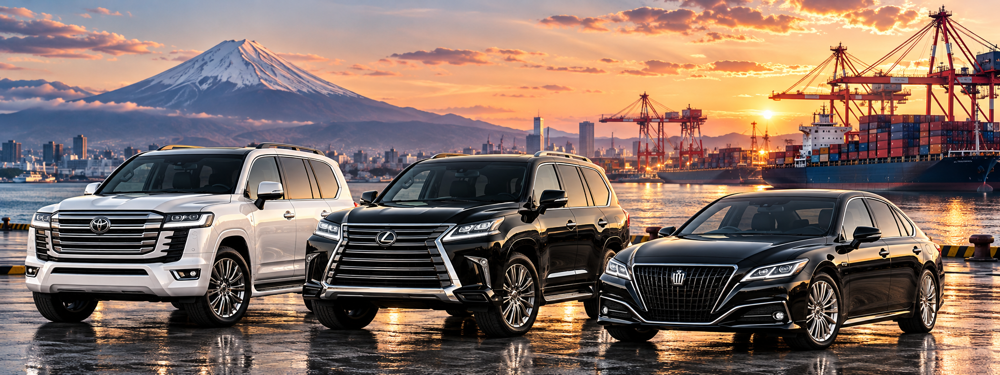 Three Japanese vehicles at a scenic harbor at sunset, with Mount Fuji and shipping cranes in the background